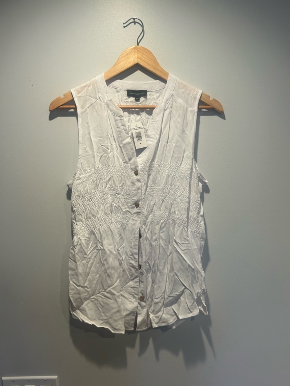 Warehouse One                       White Smocked Sleeveless Button-Front Blouse